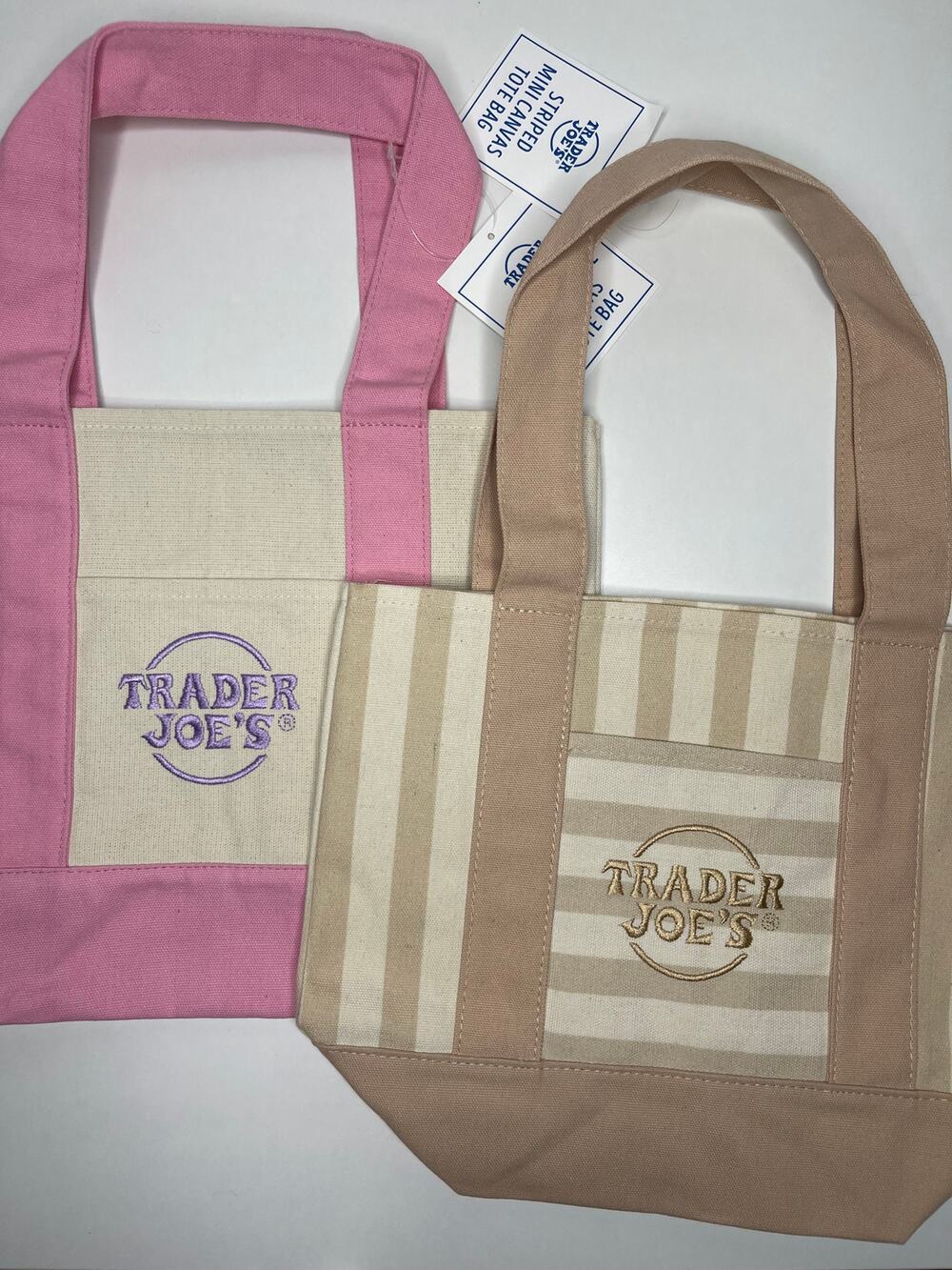 Set of 2 — Trader Joe’s Canvas MINI Tote Bags — PASTEL PINK + KHAKI STRIPES NWT!